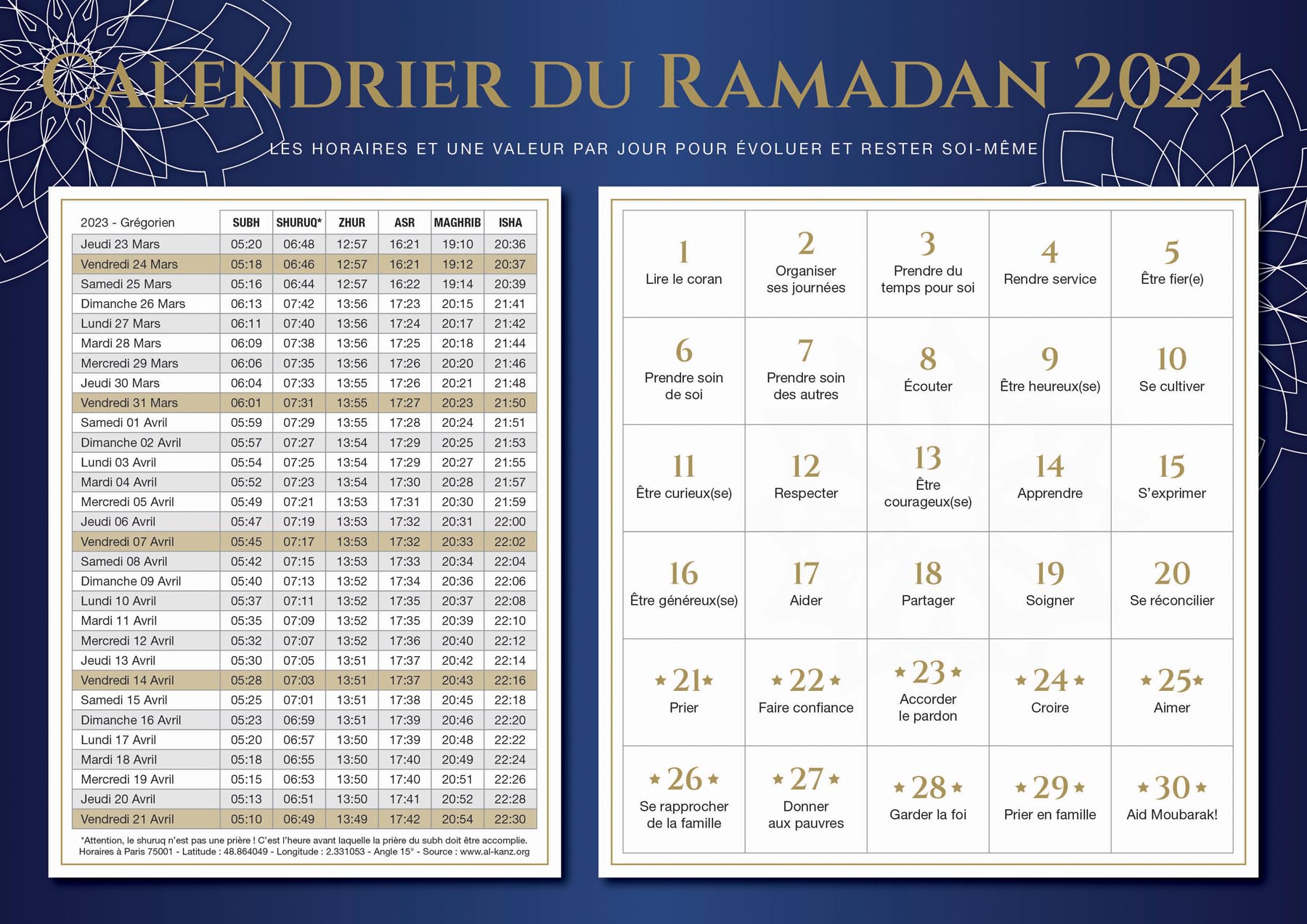 calendrier Ramadan 2024